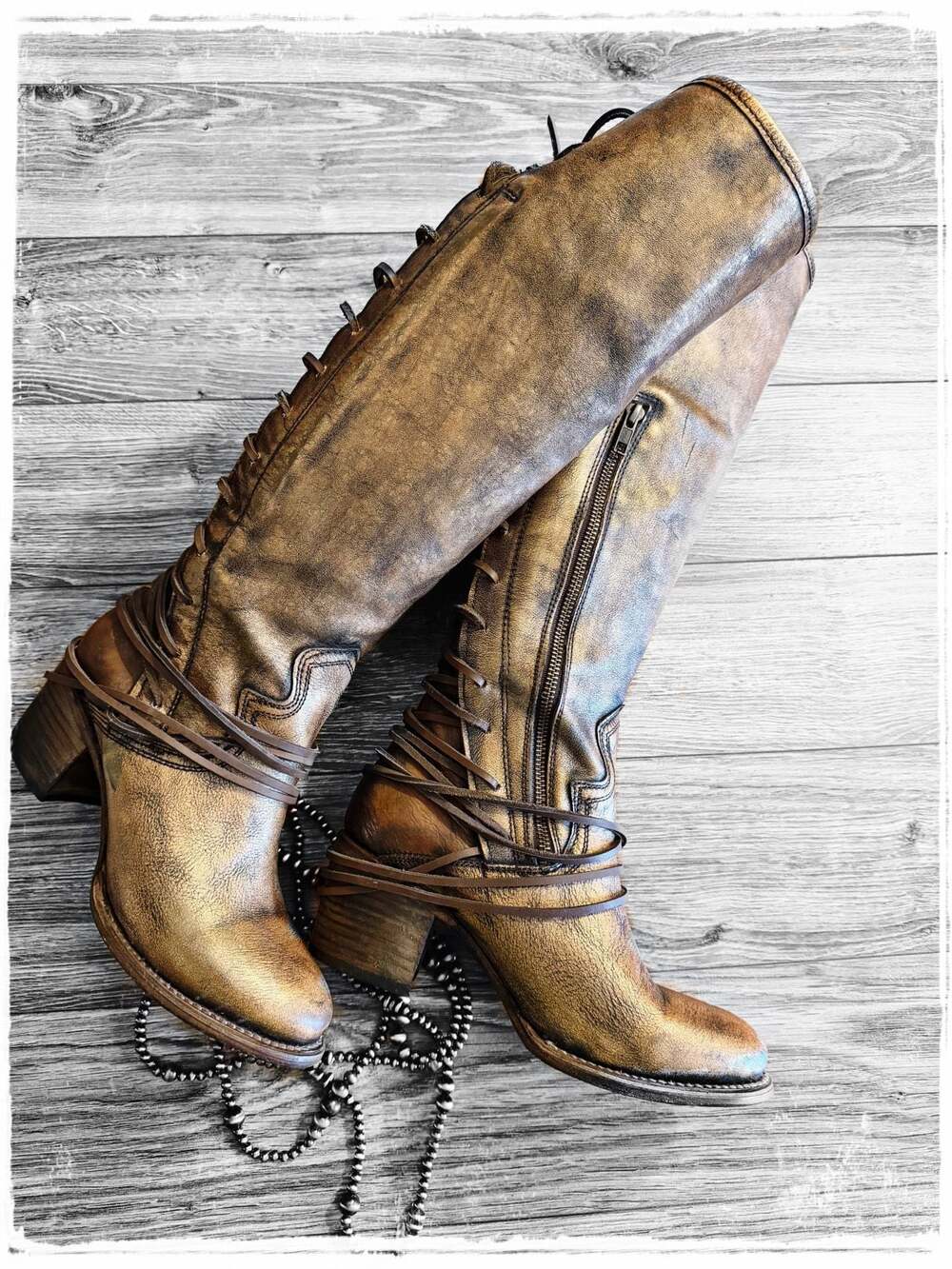 Freebird by Steven Coal Knee-High Lace-Up Leather Boots in Bronze Size 9